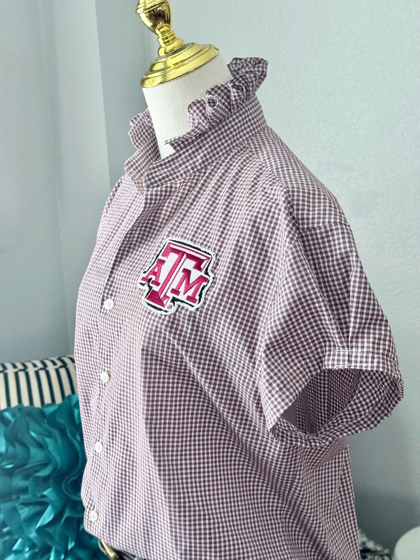 Reworked  TAMU Button-Down Shirt: Maroon and White Ruffle Collar, Pinned Short Sleeve