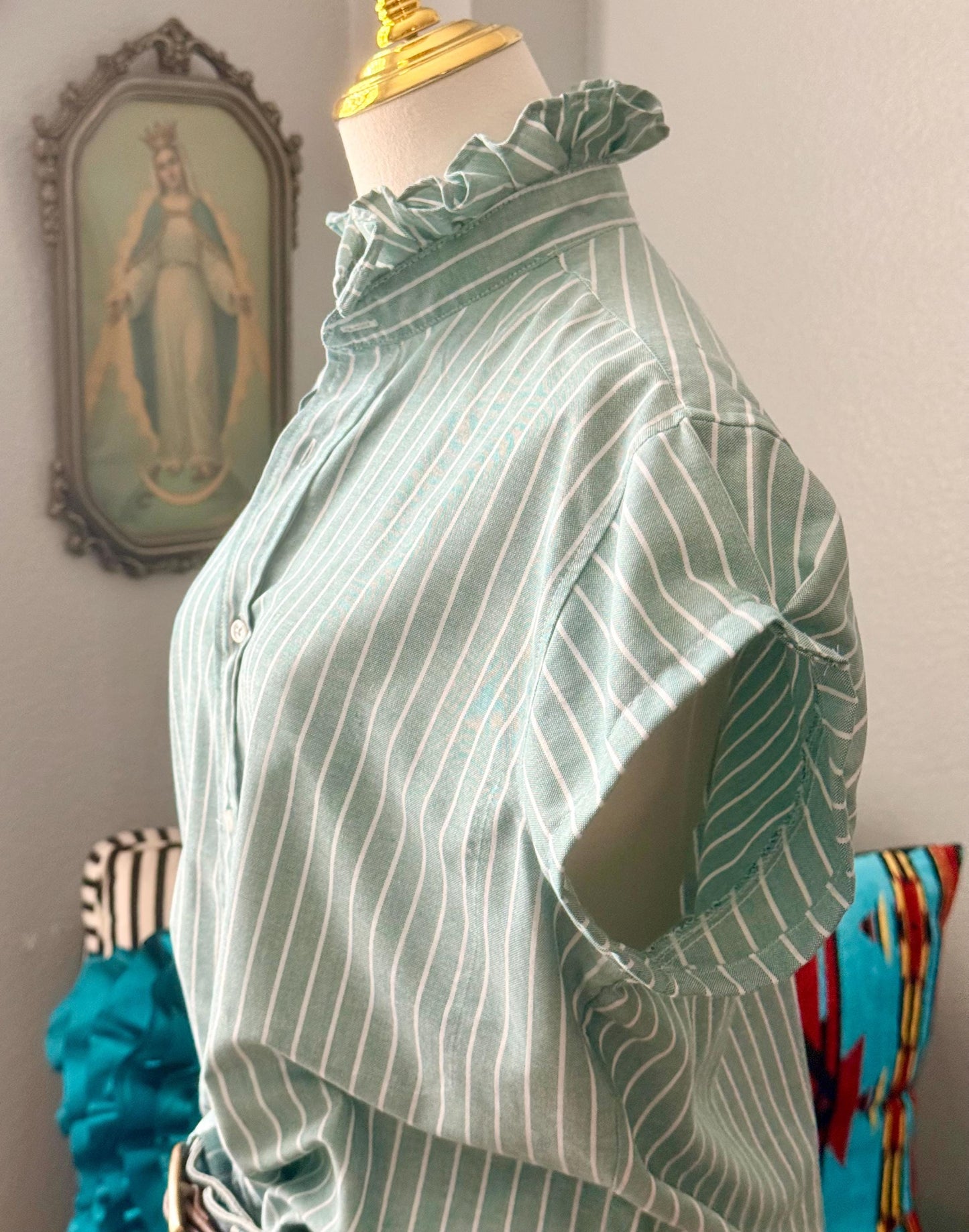 Reworked Oxford Shirt: Green & White Striped Ruffle Collar Top Boxy Fit