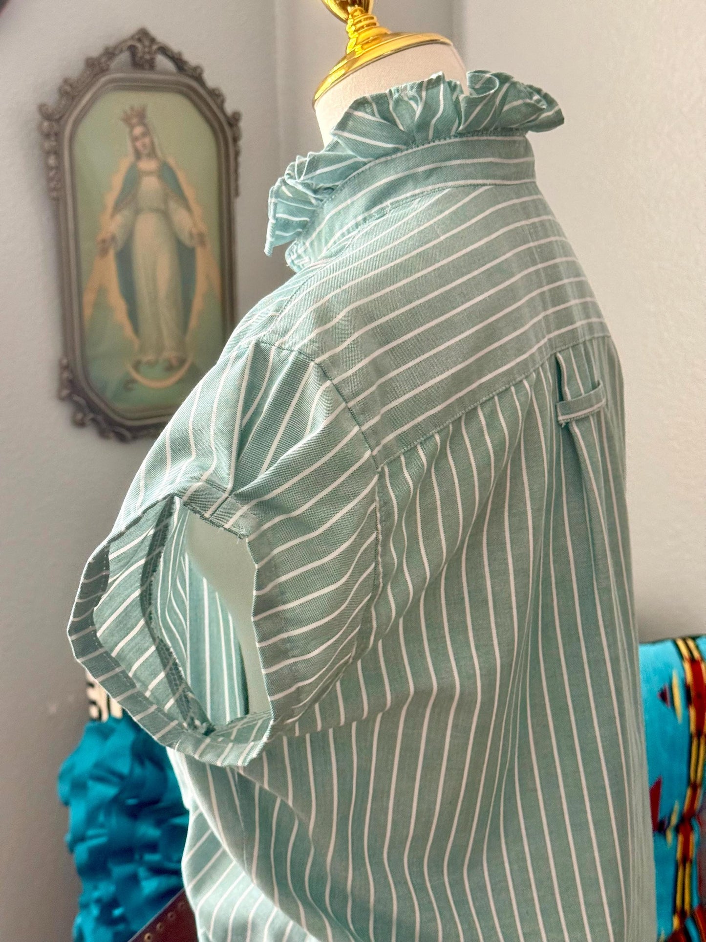 Reworked Oxford Shirt: Green & White Striped Ruffle Collar Top Boxy Fit