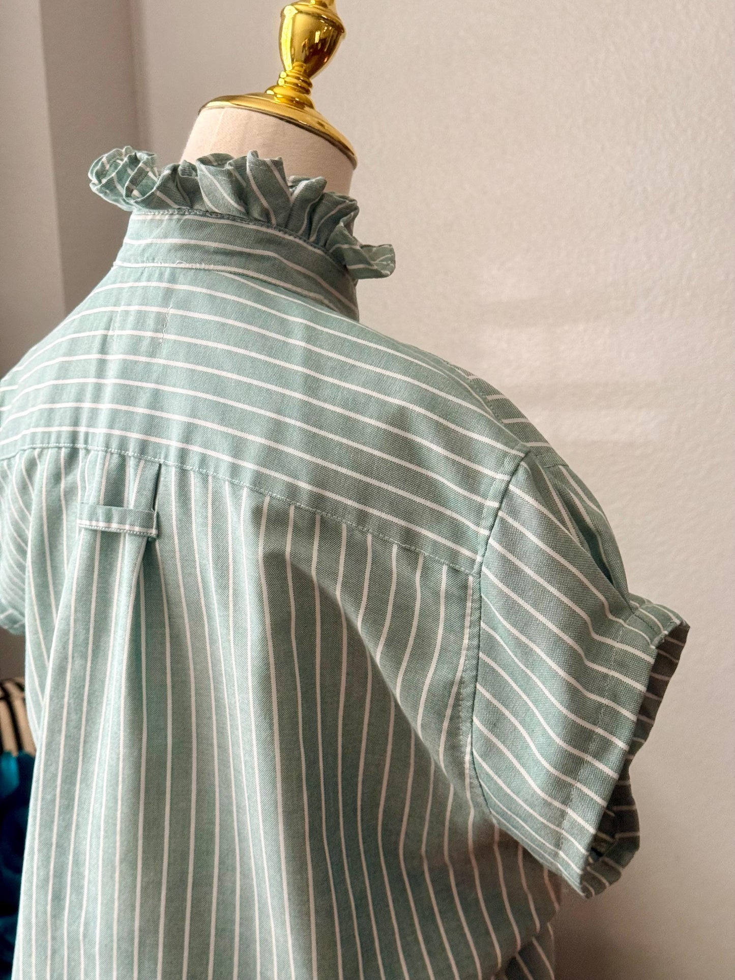 Reworked Oxford Shirt: Green & White Striped Ruffle Collar Top Boxy Fit