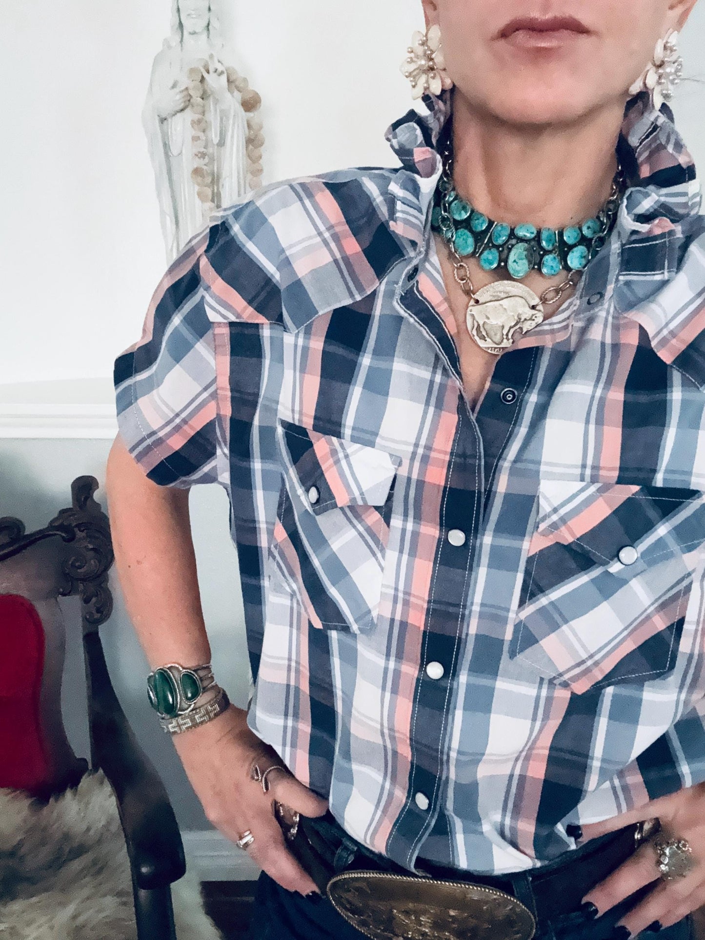Upcycled Mens to Ladies Pearl Snap Ruffle Collar Top | Reworked Handmade Shirt