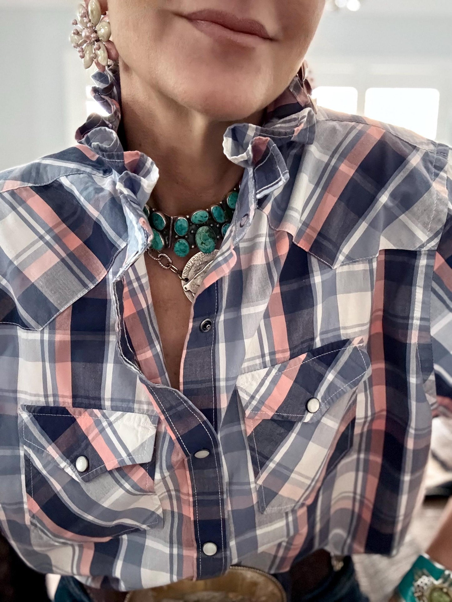 Upcycled Mens to Ladies Pearl Snap Ruffle Collar Top | Reworked Handmade Shirt