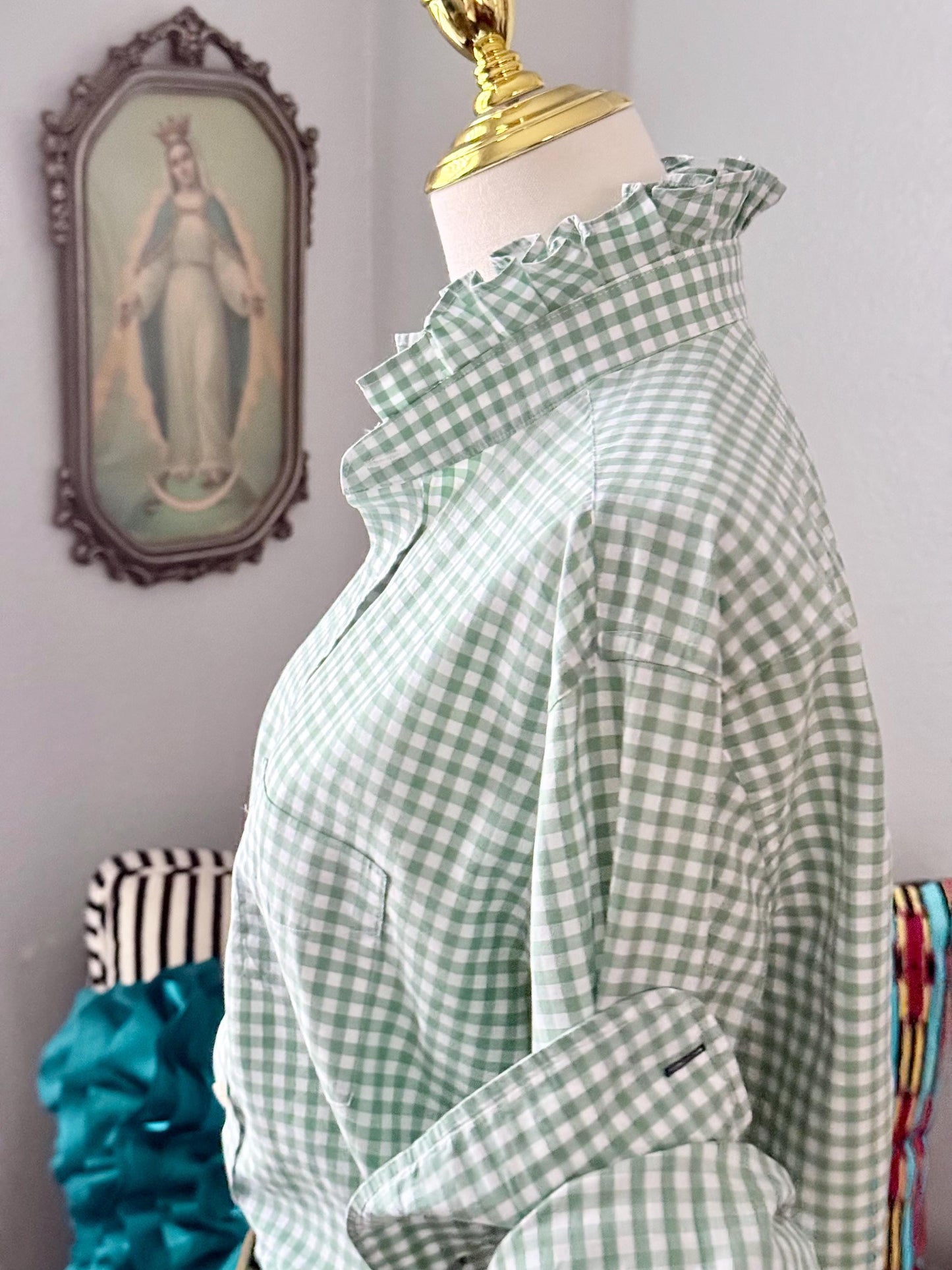 Ladies Sage Green Gingham Ruffle Collar Top | Reworked Handmade Shirt
