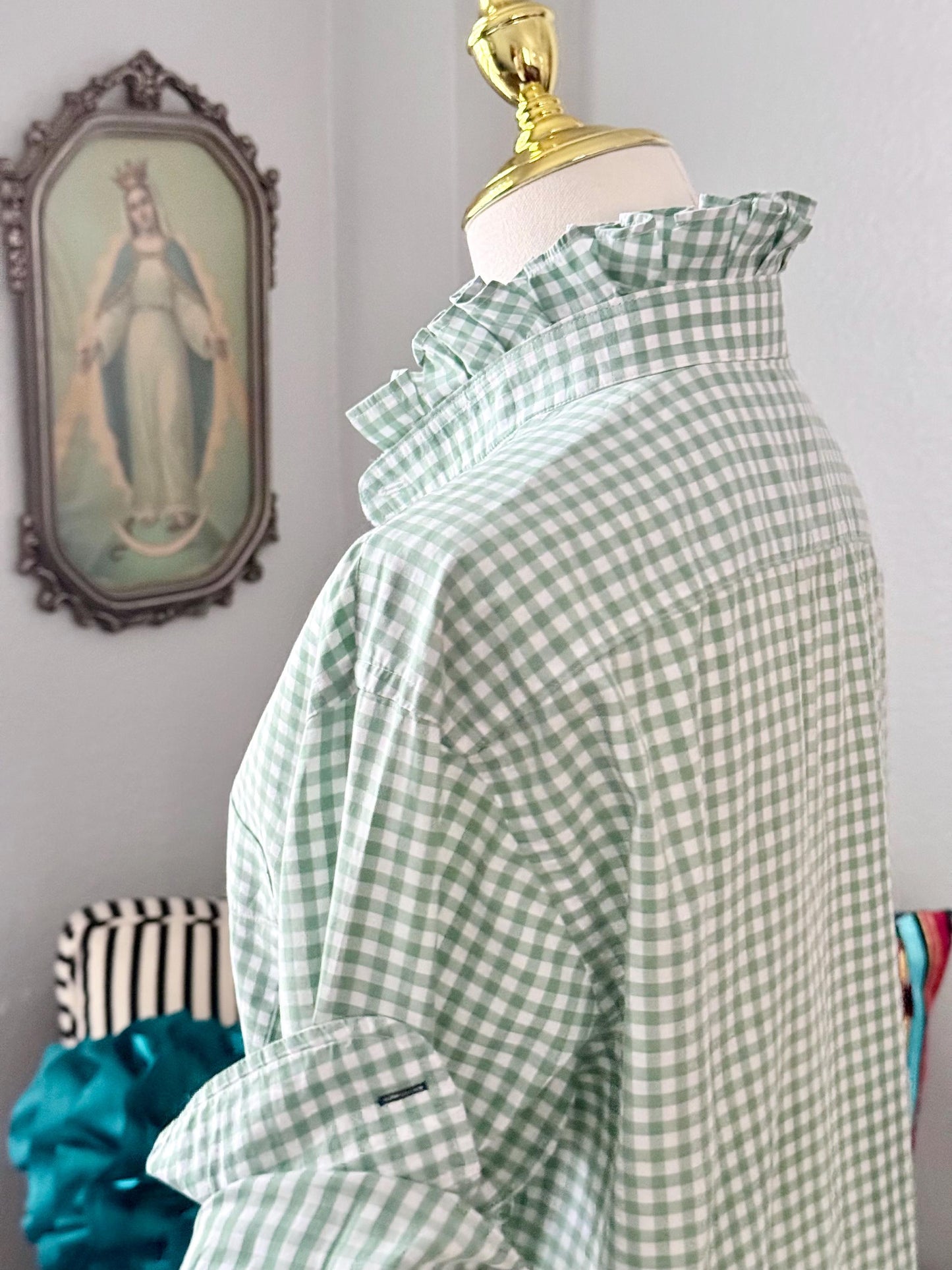 Ladies Sage Green Gingham Ruffle Collar Top | Reworked Handmade Shirt