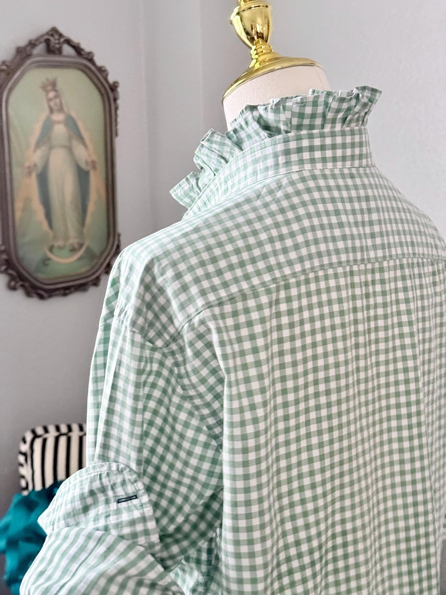 Ladies Sage Green Gingham Ruffle Collar Top | Reworked Handmade Shirt