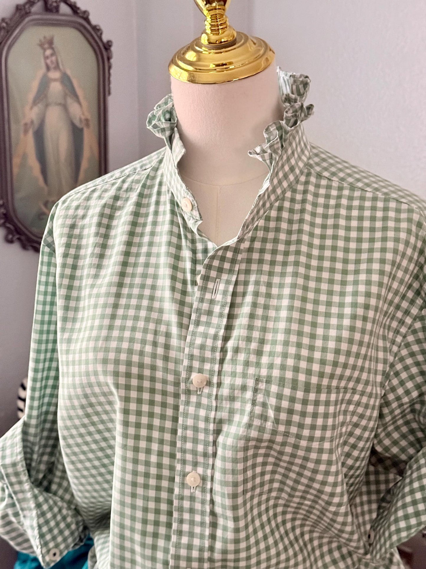 Ladies Sage Green Gingham Ruffle Collar Top | Reworked Handmade Shirt