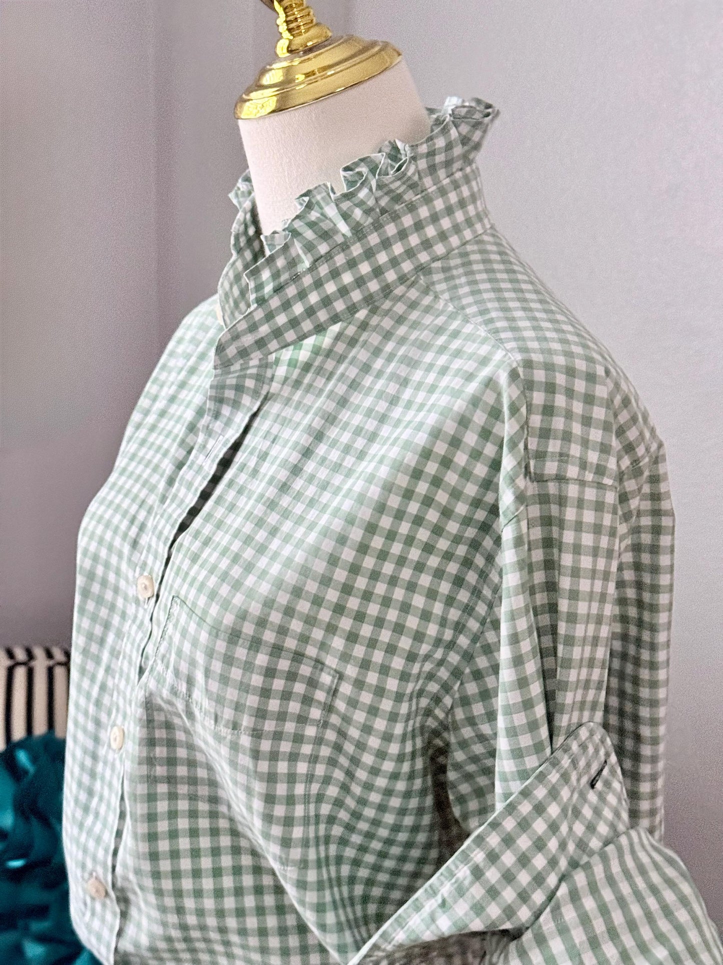 Ladies Sage Green Gingham Ruffle Collar Top | Reworked Handmade Shirt