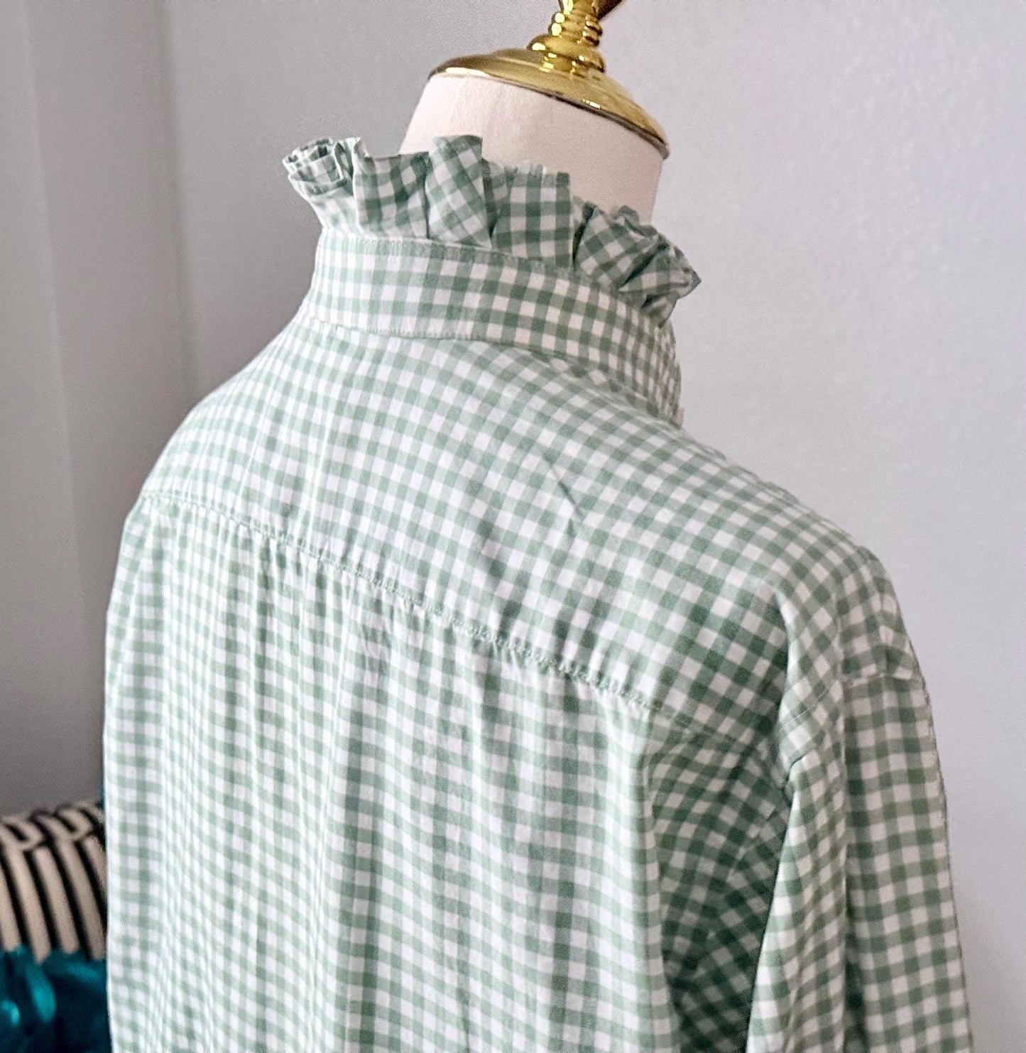 Ladies Sage Green Gingham Ruffle Collar Top | Reworked Handmade Shirt