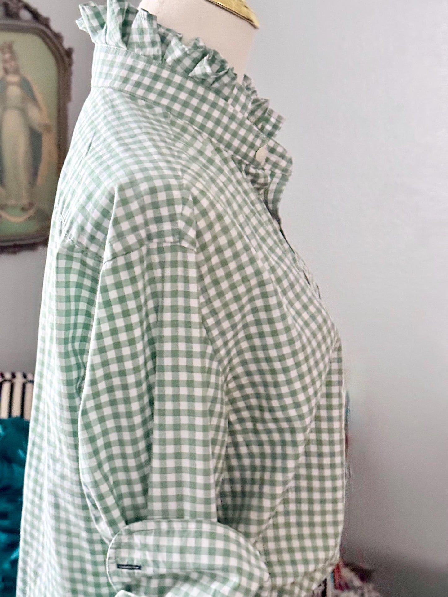 Ladies Sage Green Gingham Ruffle Collar Top | Reworked Handmade Shirt