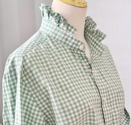 Ladies Sage Green Gingham Ruffle Collar Top | Reworked Handmade Shirt