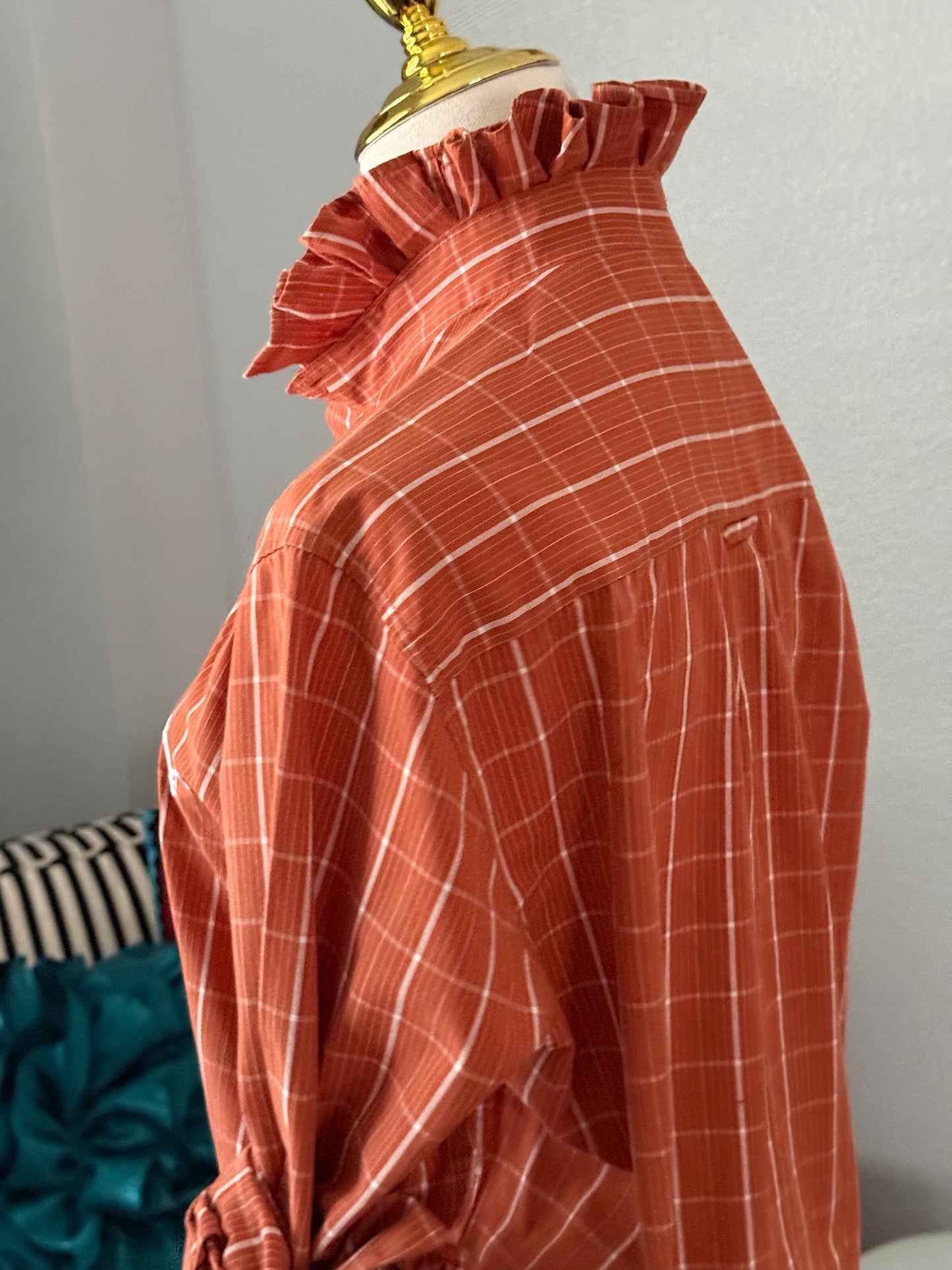 Reworked University of Texas Longhorns Shirt: Burnt Orange Plaid Ruffle Collar