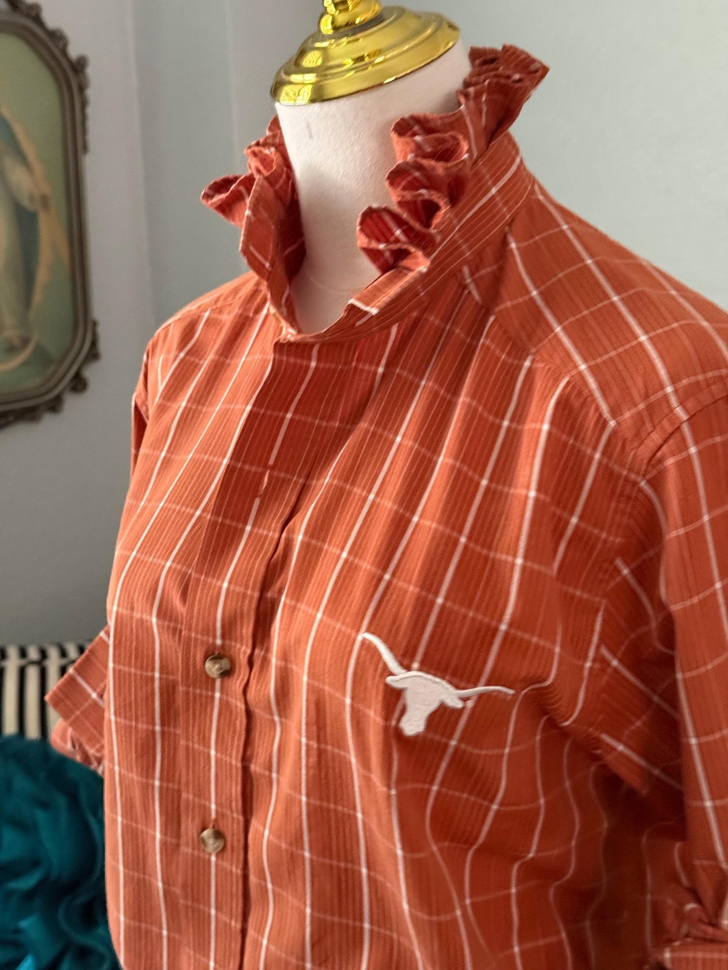 Reworked University of Texas Longhorns Shirt: Burnt Orange Plaid Ruffle Collar