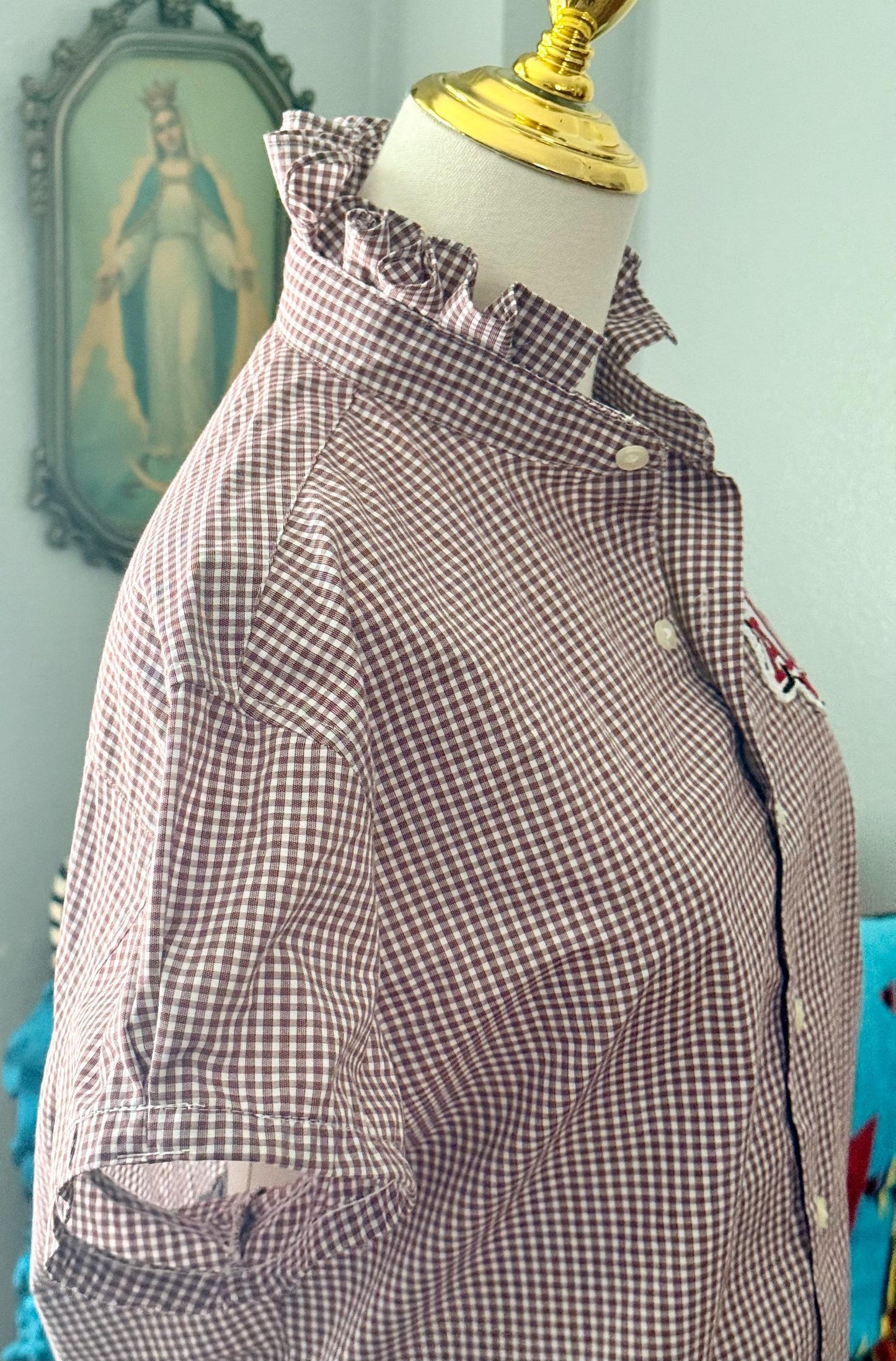 Reworked  TAMU Button-Down Shirt: Maroon and White Ruffle Collar, Pinned Short Sleeve