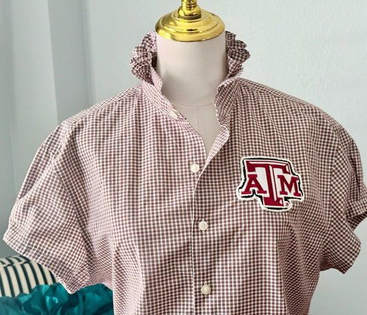 Reworked  TAMU Button-Down Shirt: Maroon and White Ruffle Collar, Pinned Short Sleeve