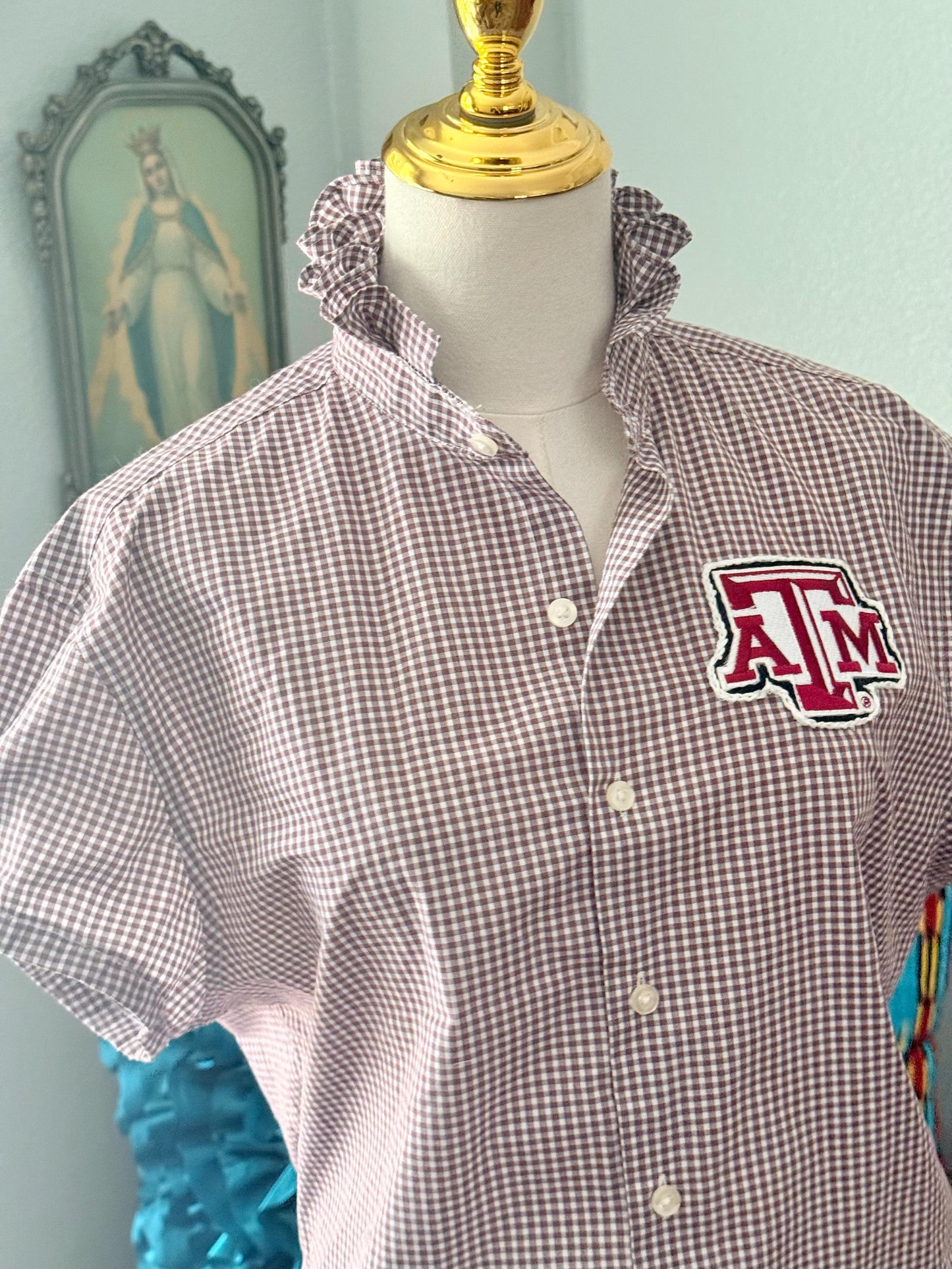Reworked  TAMU Button-Down Shirt: Maroon and White Ruffle Collar, Pinned Short Sleeve