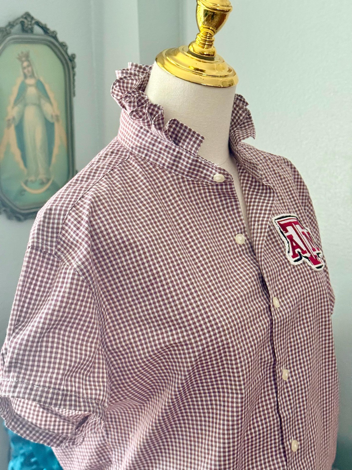 Reworked  TAMU Button-Down Shirt: Maroon and White Ruffle Collar, Pinned Short Sleeve