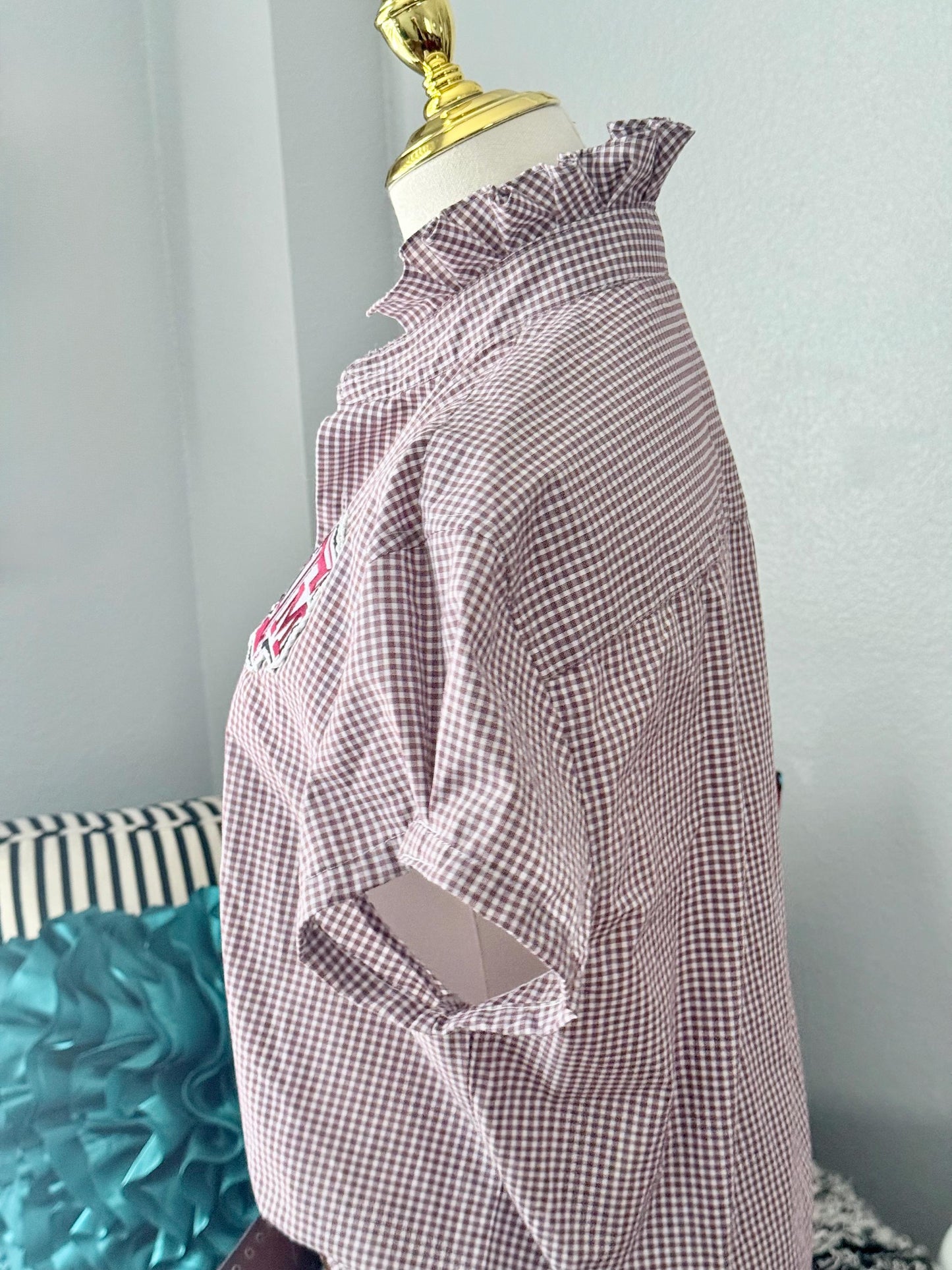 Reworked  TAMU Button-Down Shirt: Maroon and White Ruffle Collar, Pinned Short Sleeve