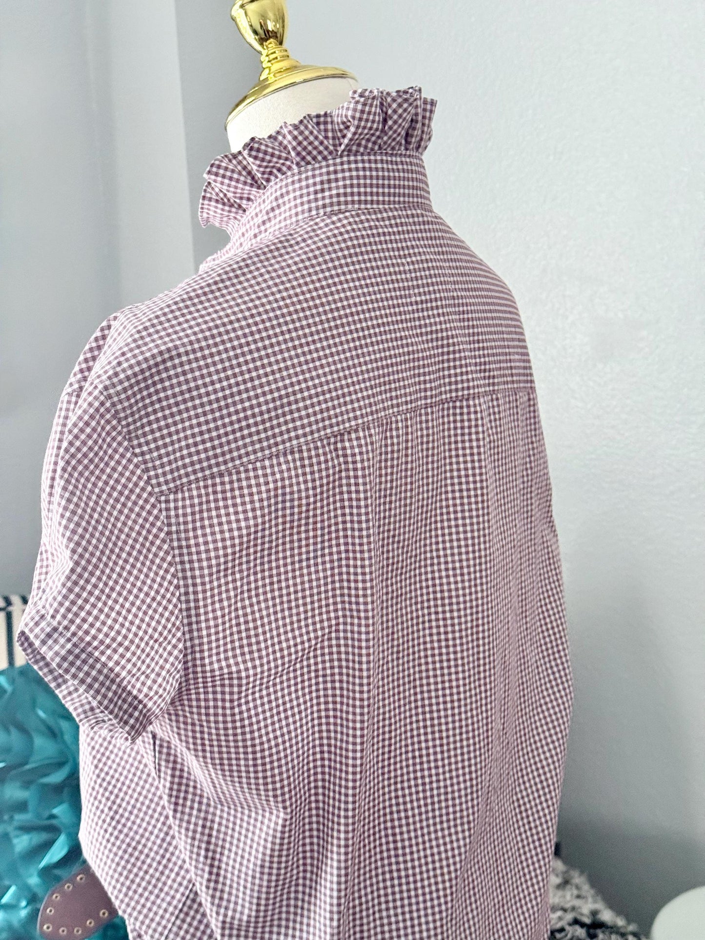 Reworked  TAMU Button-Down Shirt: Maroon and White Ruffle Collar, Pinned Short Sleeve