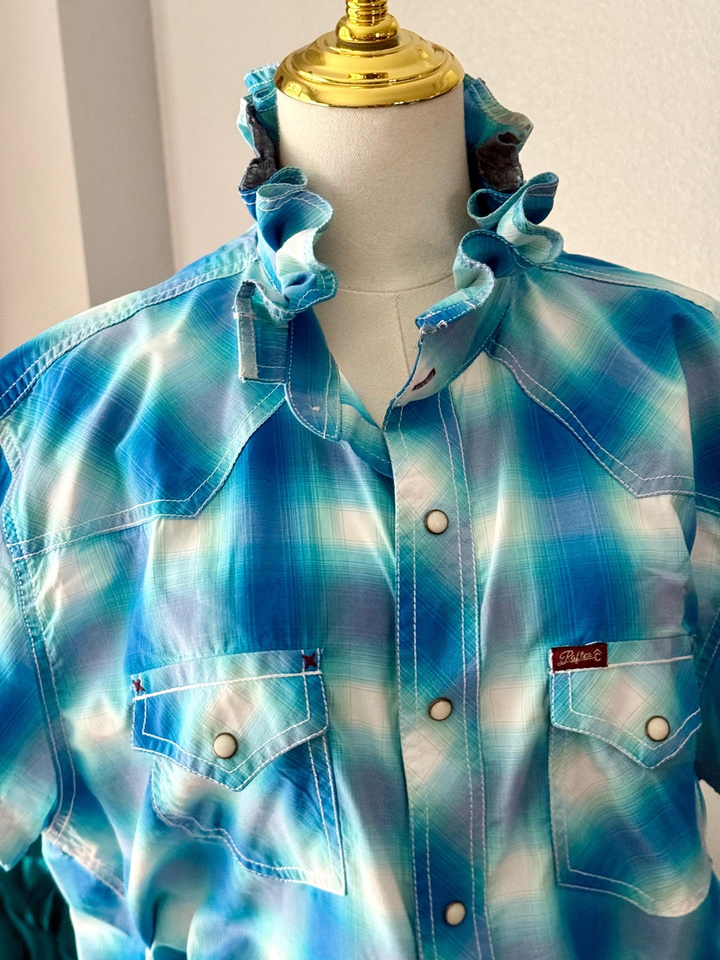 Upcycled Mens to Ladies Pearl Snap Ruffle Collar Top | Reworked Handmade Shirt