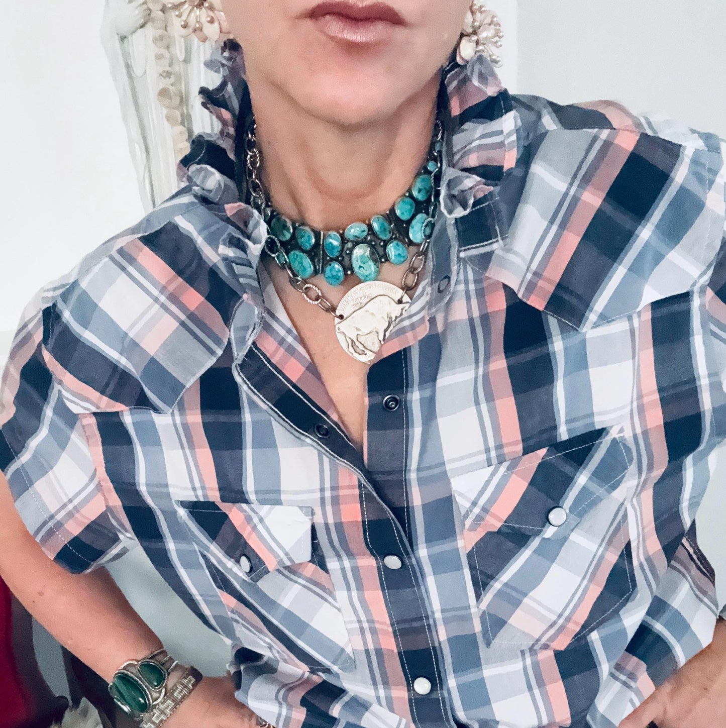 Upcycled Mens to Ladies Pearl Snap Ruffle Collar Top | Reworked Handmade Shirt