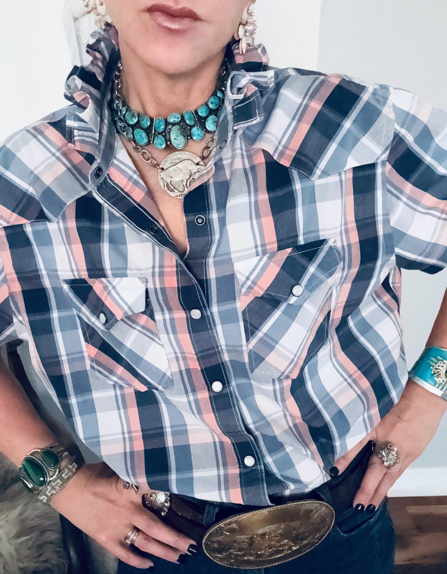 Upcycled Mens to Ladies Pearl Snap Ruffle Collar Top | Reworked Handmade Shirt