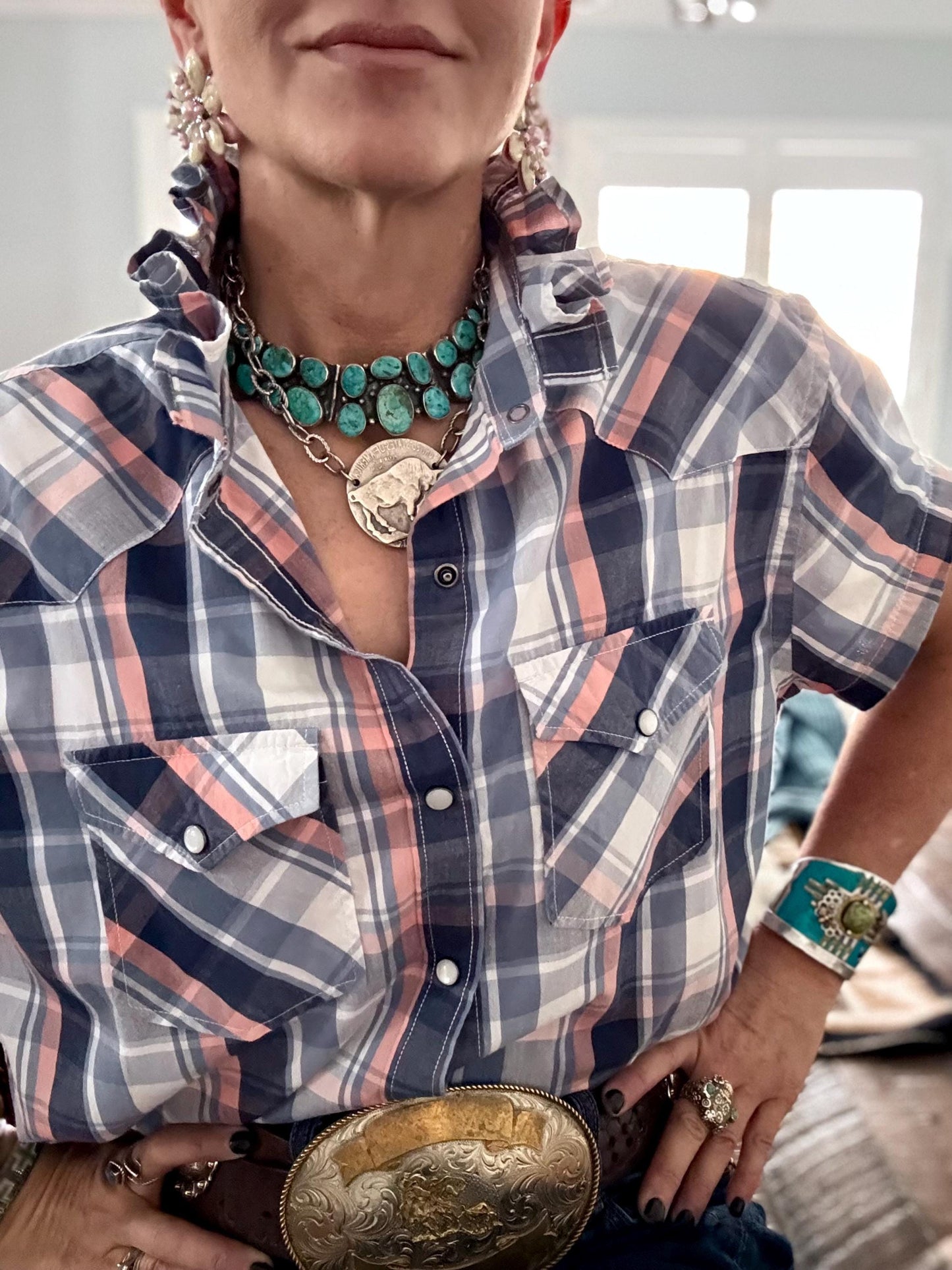 Upcycled Mens to Ladies Pearl Snap Ruffle Collar Top | Reworked Handmade Shirt