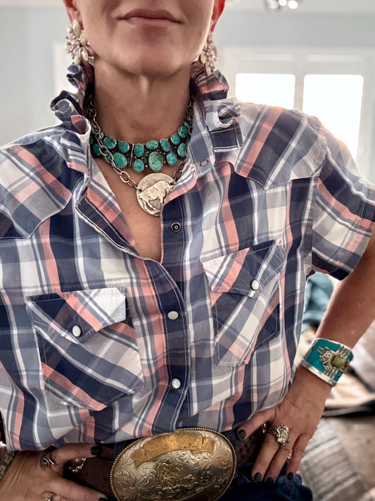 Upcycled Mens to Ladies Pearl Snap Ruffle Collar Top | Reworked Handmade Shirt