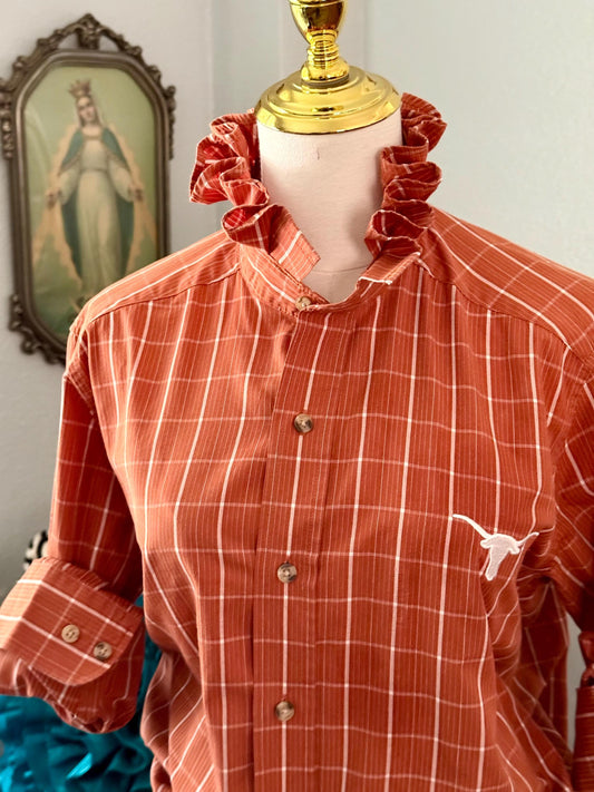 Reworked University of Texas Longhorns Shirt: Burnt Orange Plaid Ruffle Collar