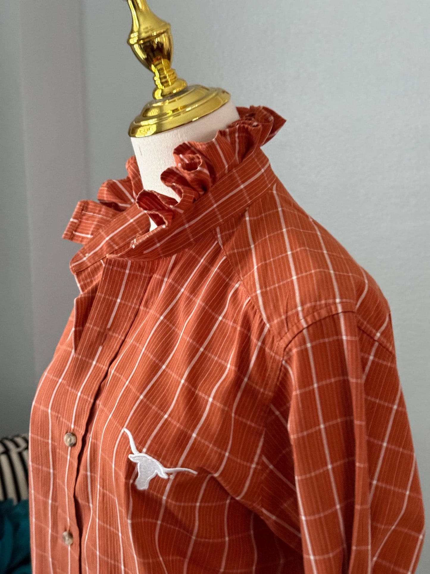 Reworked University of Texas Longhorns Shirt: Burnt Orange Plaid Ruffle Collar