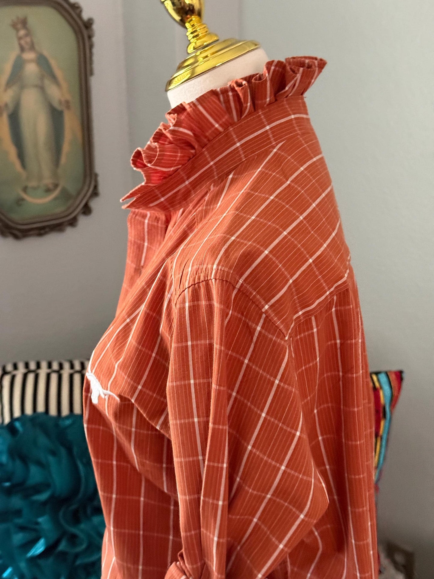 Reworked University of Texas Longhorns Shirt: Burnt Orange Plaid Ruffle Collar