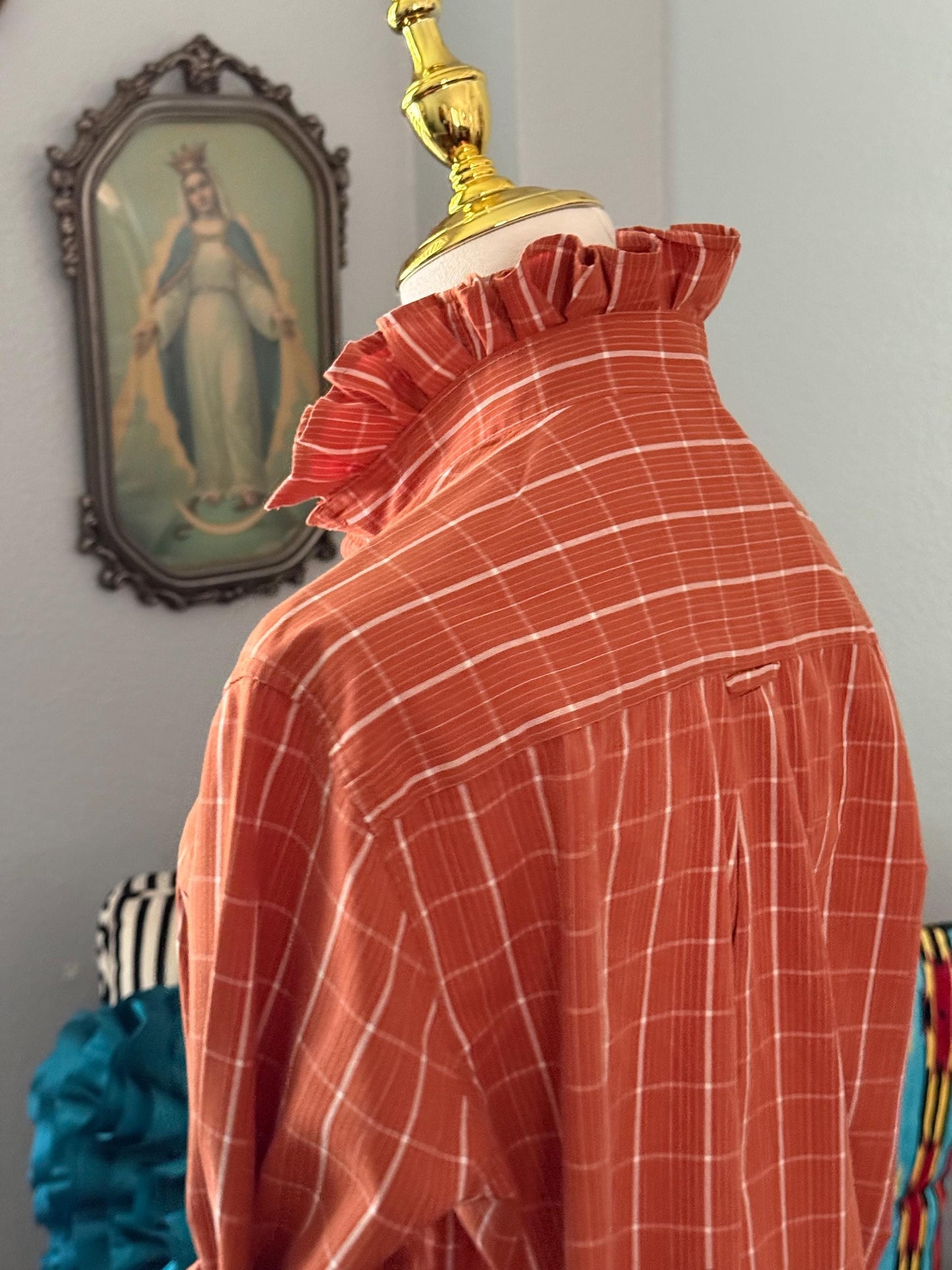 Reworked University of Texas Longhorns Shirt: Burnt Orange Plaid Ruffle Collar
