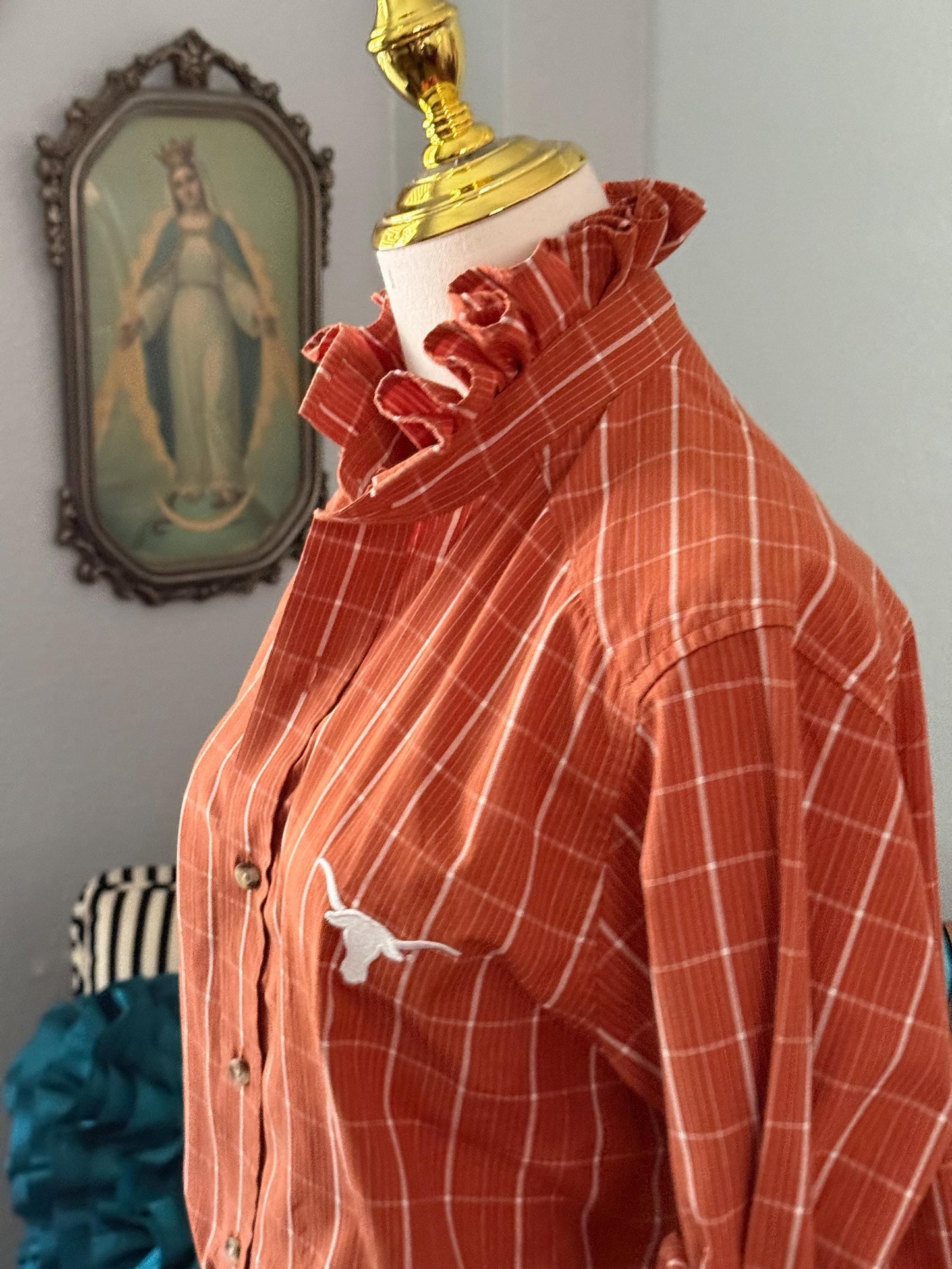 Reworked University of Texas Longhorns Shirt: Burnt Orange Plaid Ruffle Collar