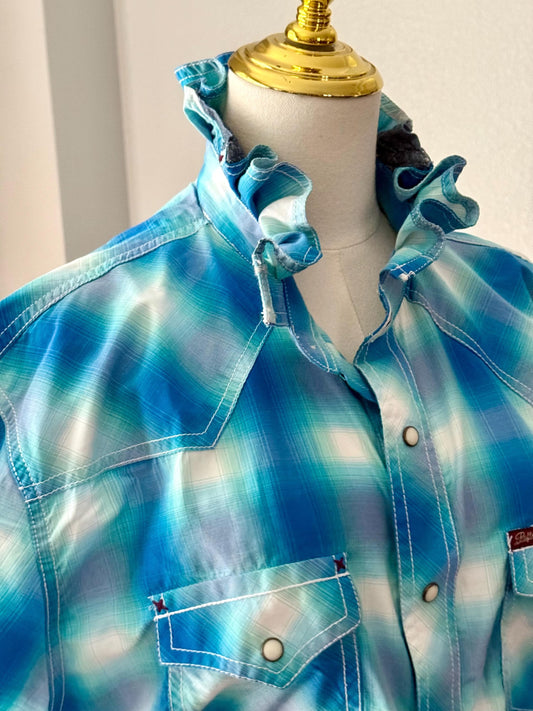 Upcycled Mens to Ladies Pearl Snap Ruffle Collar Top | Reworked Handmade Shirt