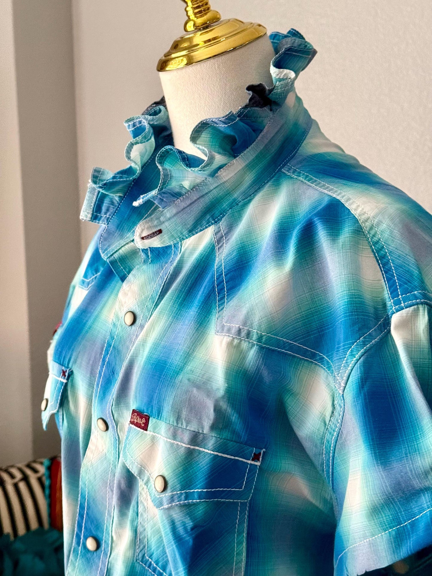 Upcycled Mens to Ladies Pearl Snap Ruffle Collar Top | Reworked Handmade Shirt