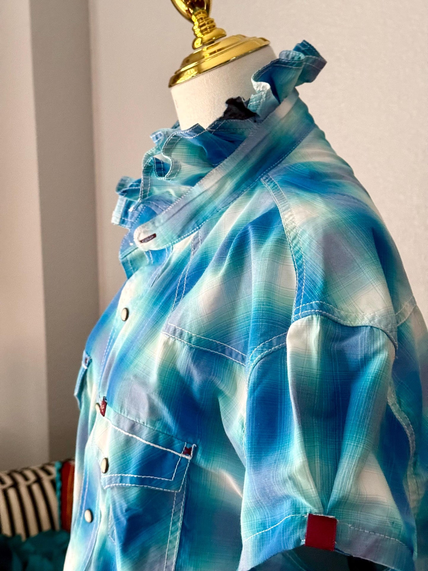 Upcycled Mens to Ladies Pearl Snap Ruffle Collar Top | Reworked Handmade Shirt