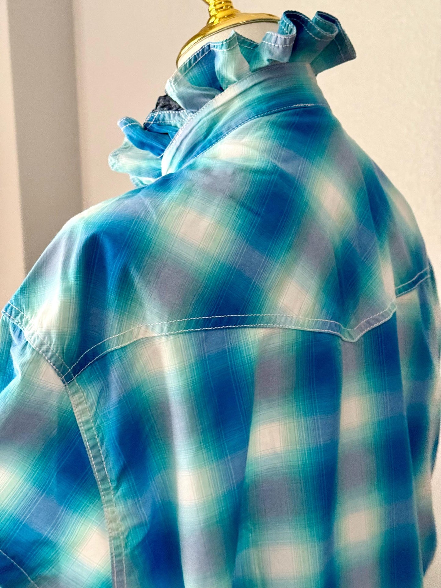 Upcycled Mens to Ladies Pearl Snap Ruffle Collar Top | Reworked Handmade Shirt