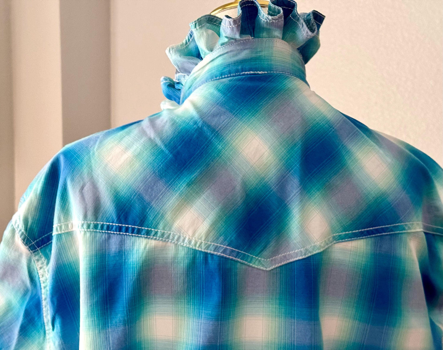 Upcycled Mens to Ladies Pearl Snap Ruffle Collar Top | Reworked Handmade Shirt