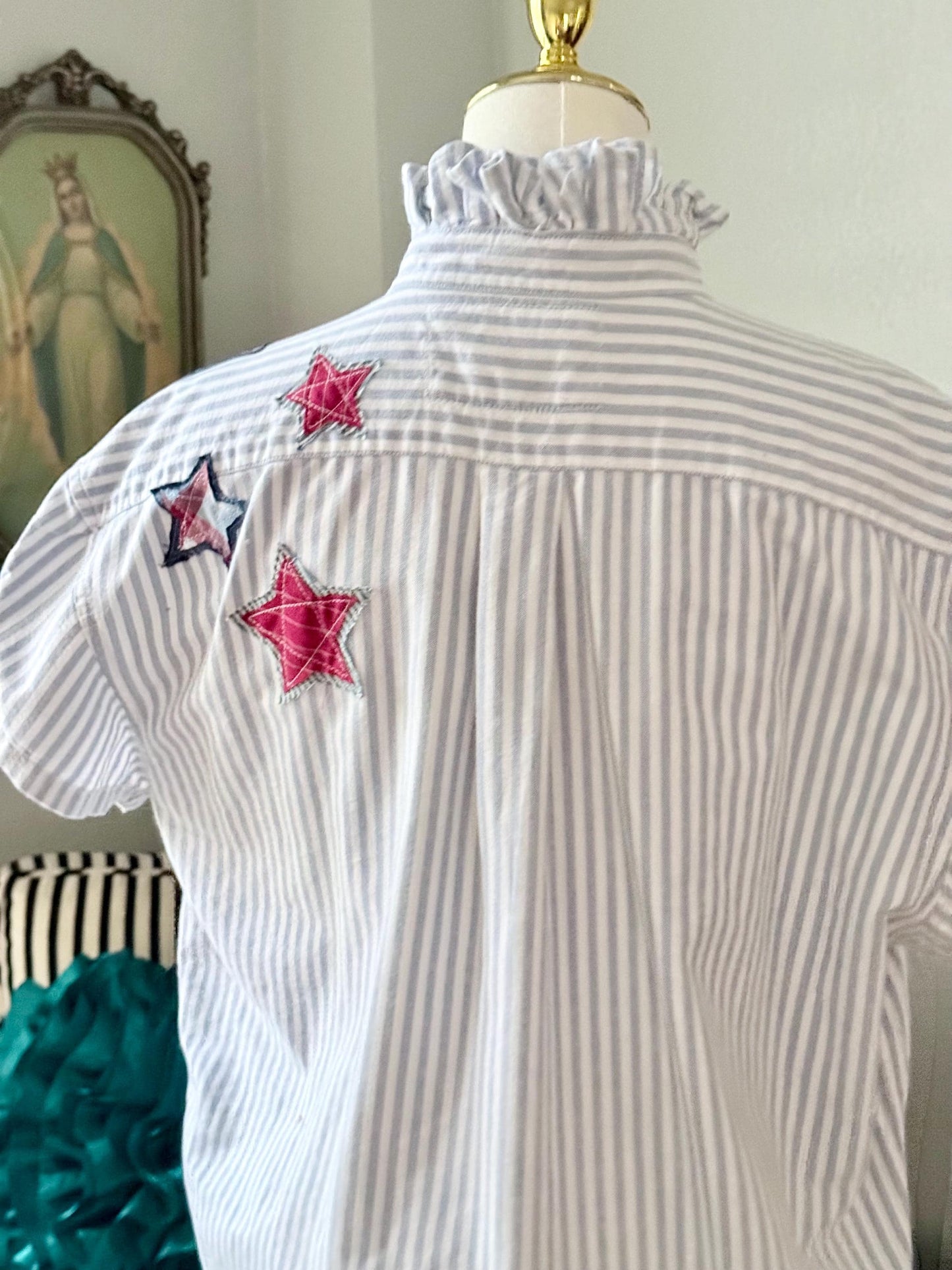 Reworked Oxford Shirt: Blue & White Striped Ruffle Collar with hand cut star appliqué