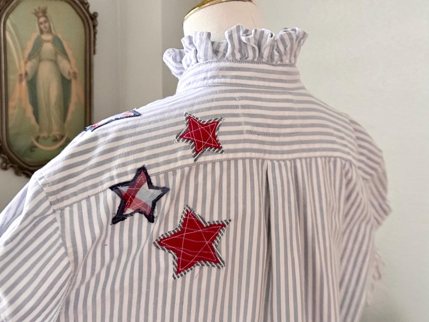 Reworked Oxford Shirt: Blue & White Striped Ruffle Collar with hand cut star appliqué