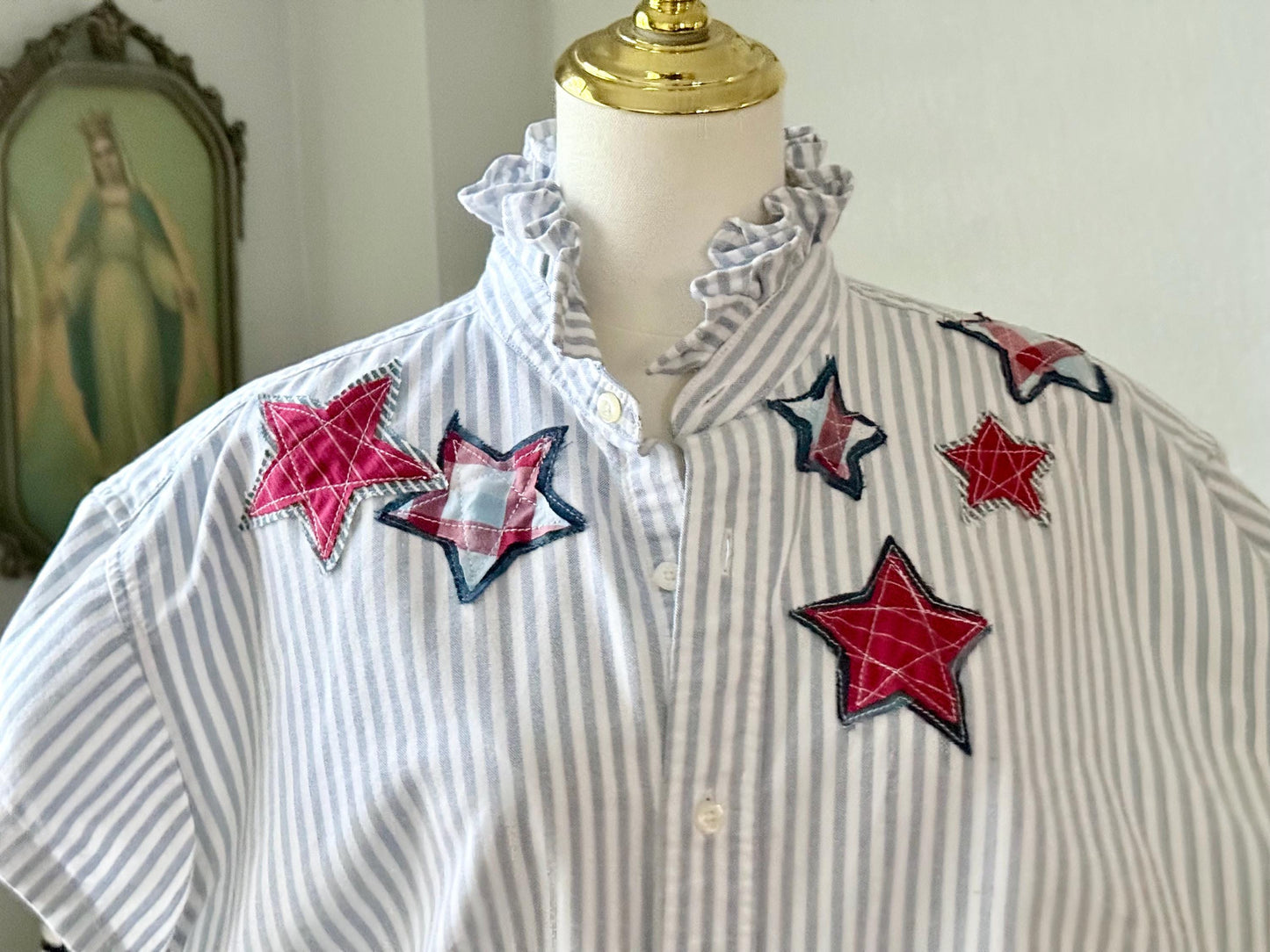 Reworked Oxford Shirt: Blue & White Striped Ruffle Collar with hand cut star appliqué