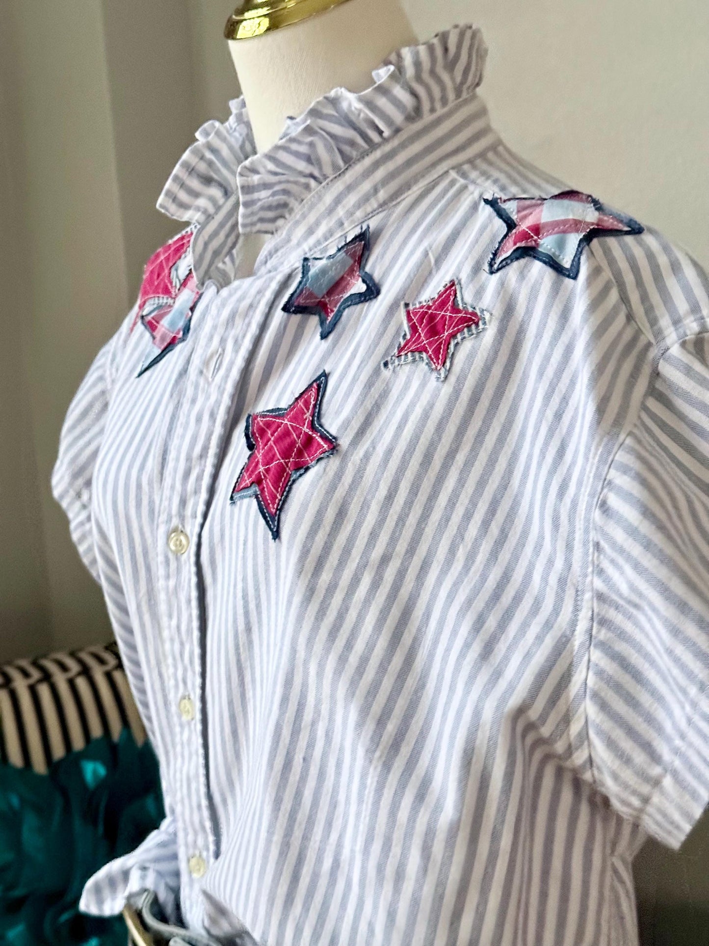 Reworked Oxford Shirt: Blue & White Striped Ruffle Collar with hand cut star appliqué