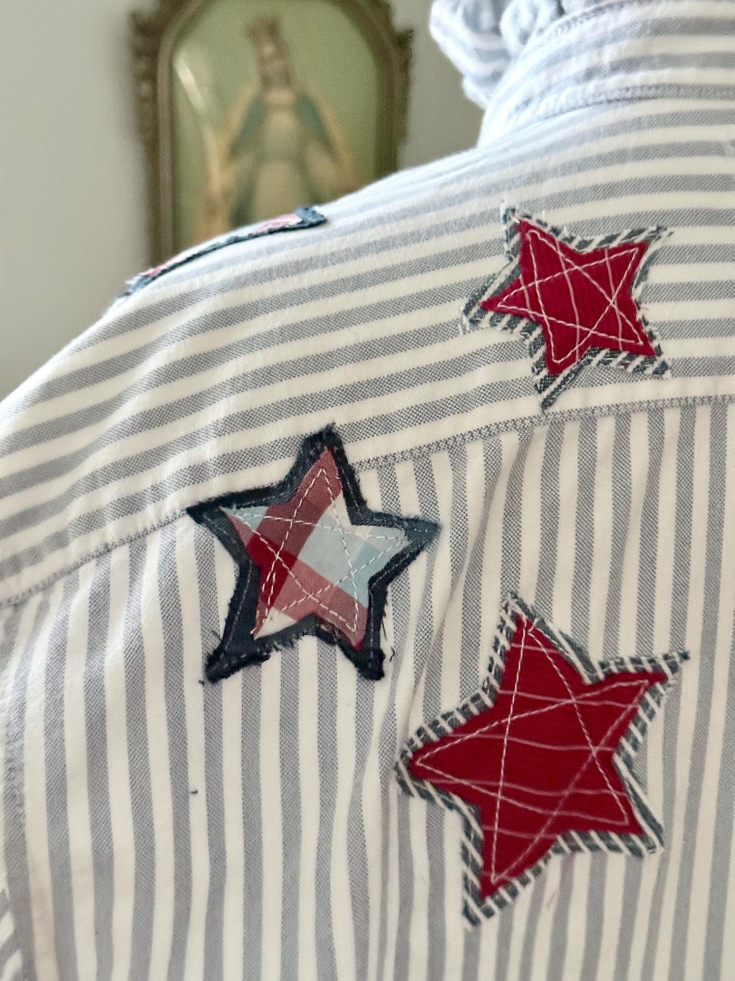 Reworked Oxford Shirt: Blue & White Striped Ruffle Collar with hand cut star appliqué