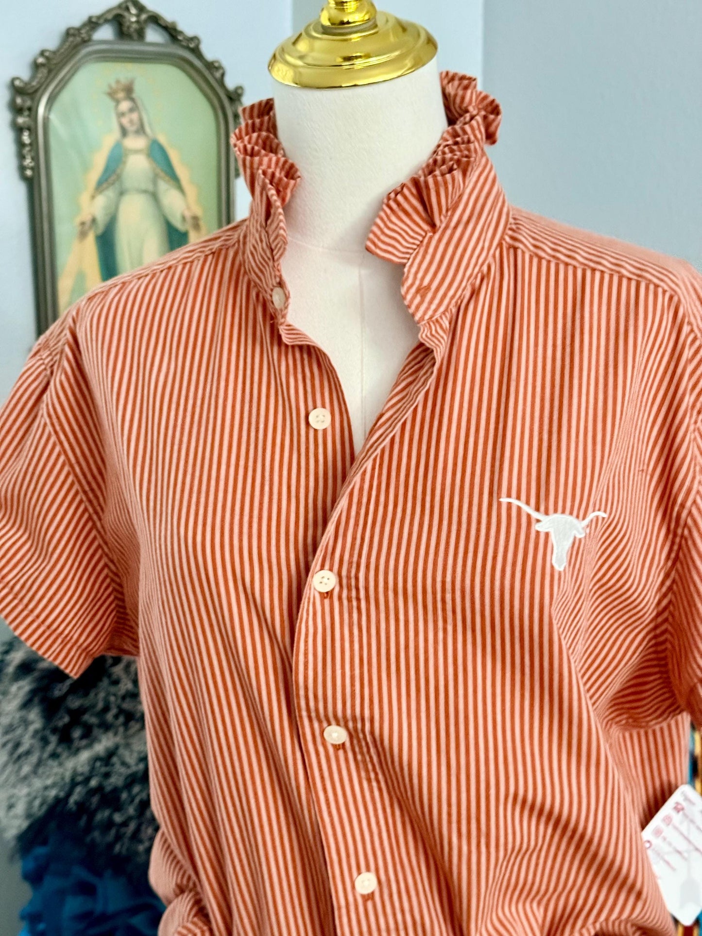 Reworked University of Texas Longhorns Shirt: Burnt Orange Striped Ruffle Collar