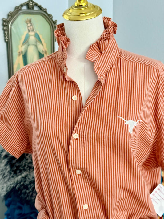 Reworked University of Texas Longhorns Shirt: Burnt Orange Striped Ruffle Collar