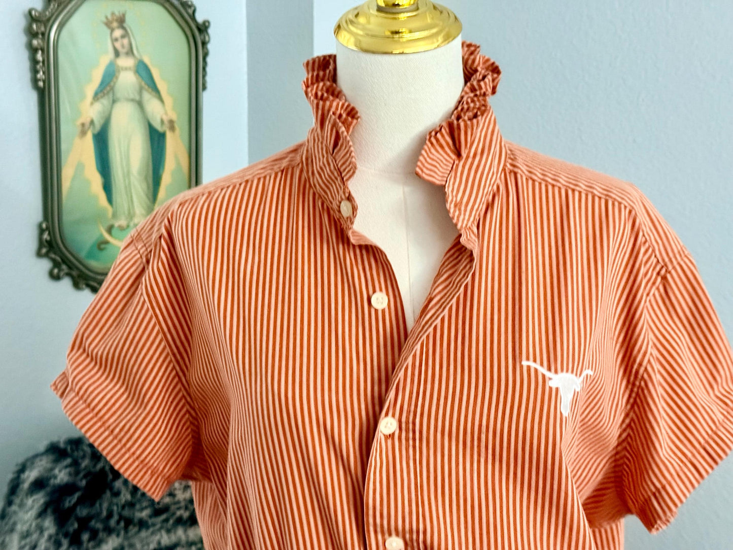 Reworked University of Texas Longhorns Shirt: Burnt Orange Striped Ruffle Collar