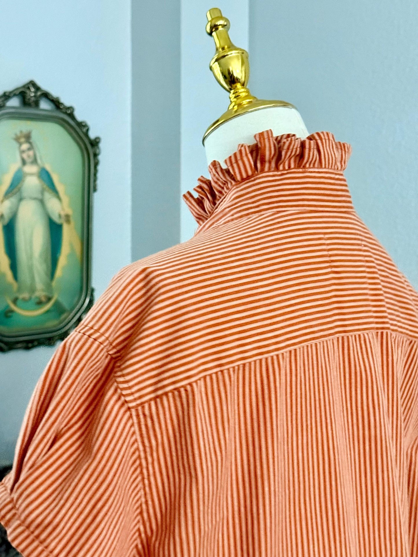 Reworked University of Texas Longhorns Shirt: Burnt Orange Striped Ruffle Collar