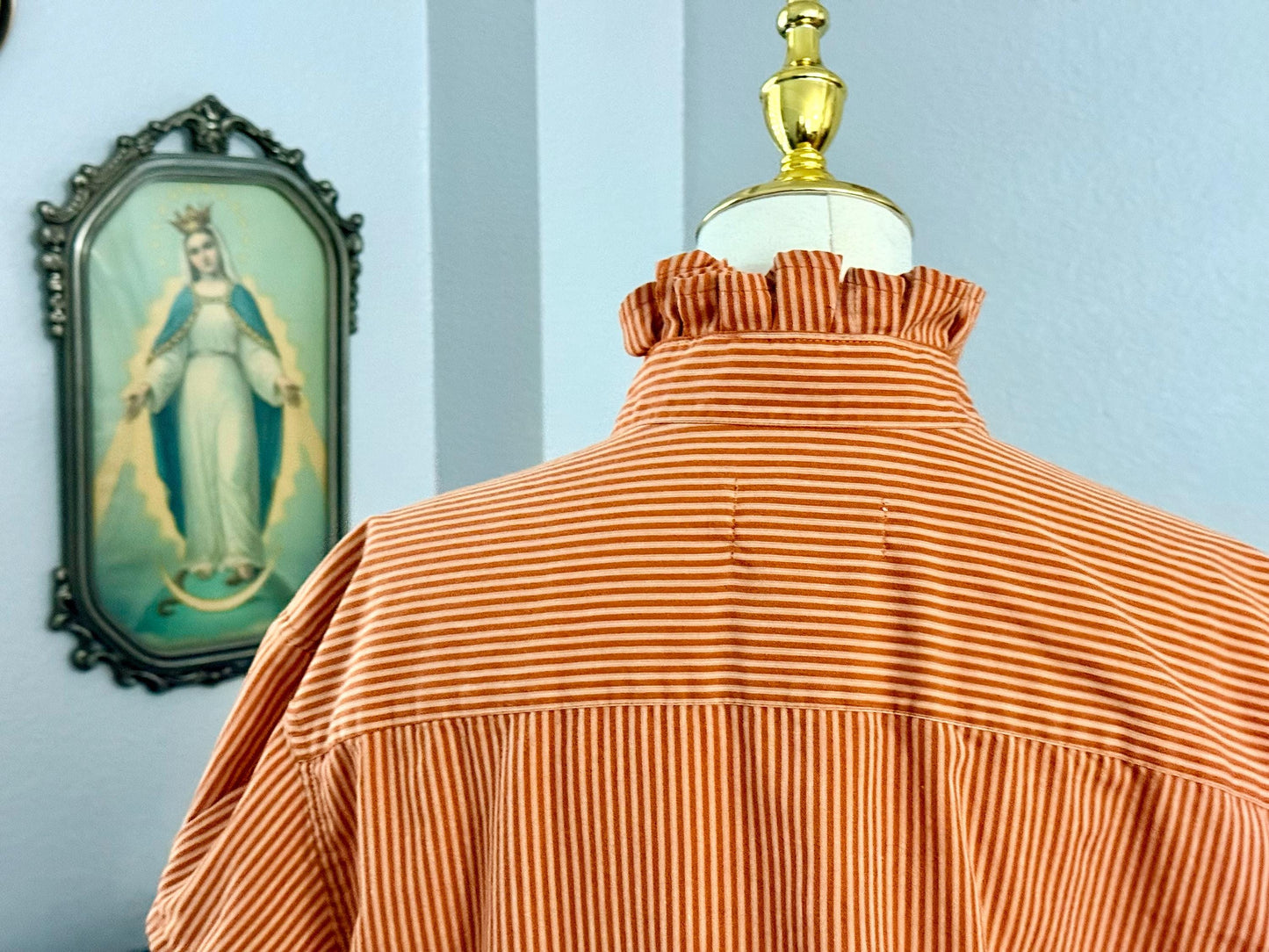 Reworked University of Texas Longhorns Shirt: Burnt Orange Striped Ruffle Collar