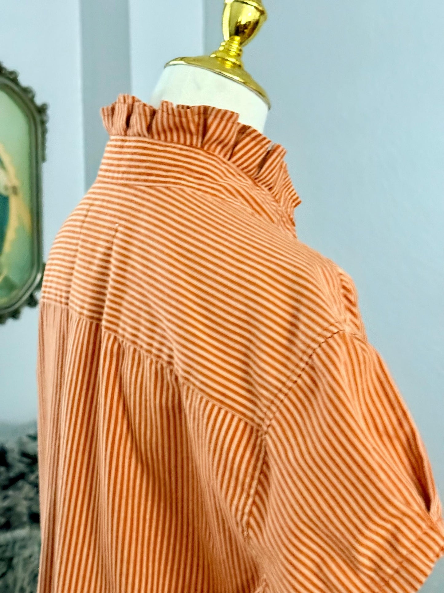 Reworked University of Texas Longhorns Shirt: Burnt Orange Striped Ruffle Collar