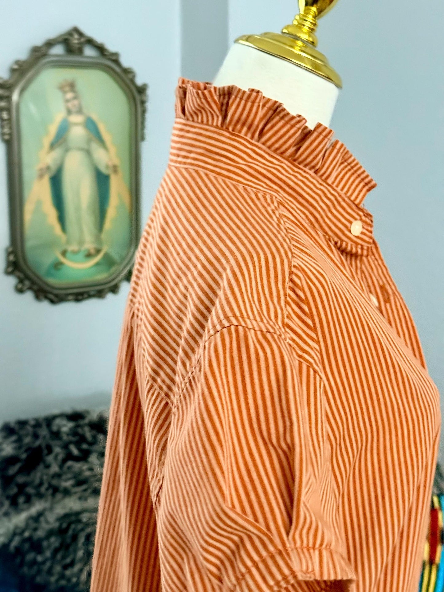 Reworked University of Texas Longhorns Shirt: Burnt Orange Striped Ruffle Collar