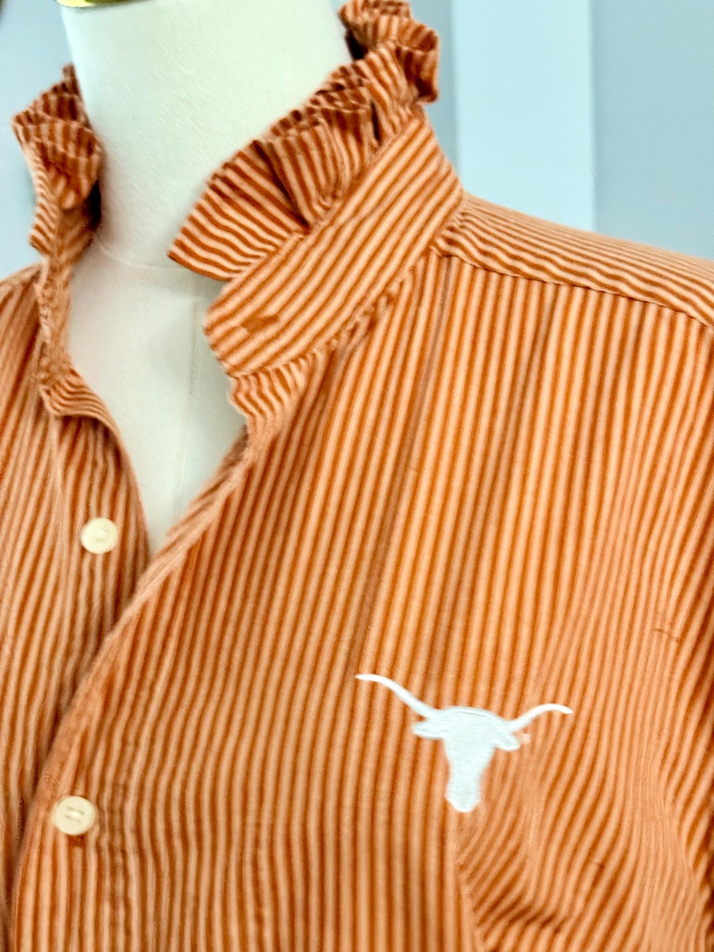 Reworked University of Texas Longhorns Shirt: Burnt Orange Striped Ruffle Collar